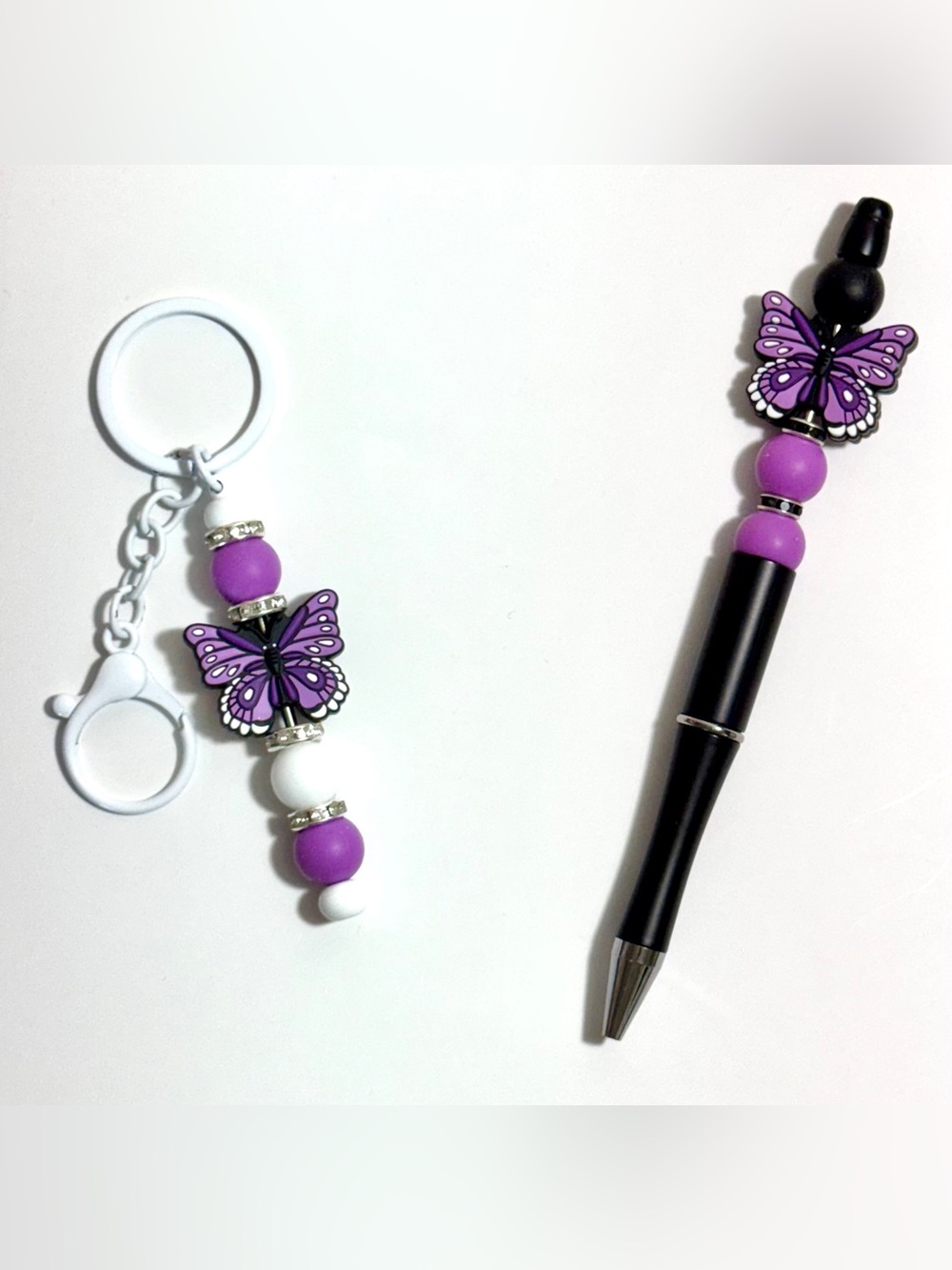 Hand Crafted Purple Butterfly Beaded Pen & Matching Keychain Gift Set